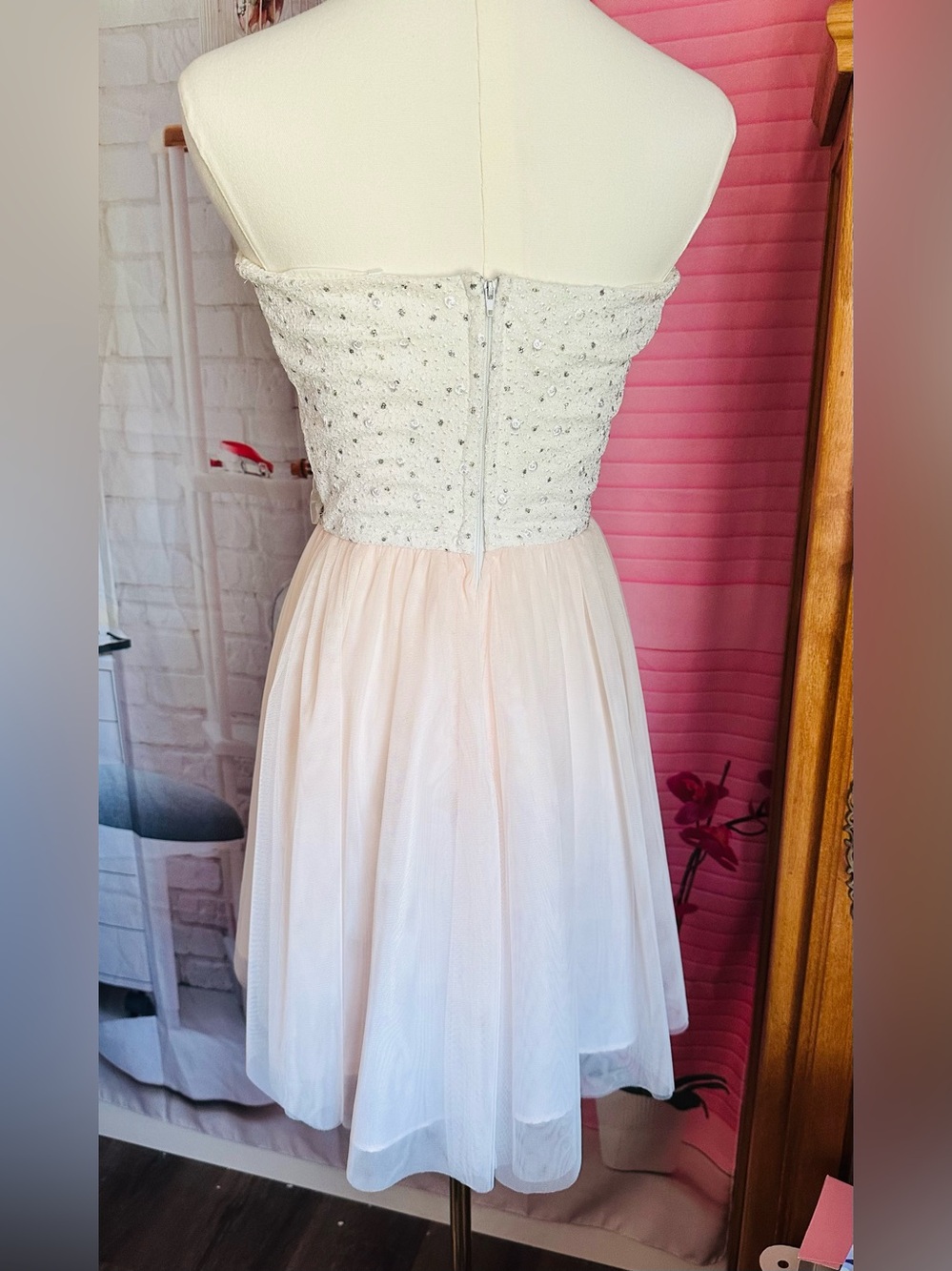 Masquerade Ivory and Pale Pink Beaded Party Dress - Picture 6 of 12